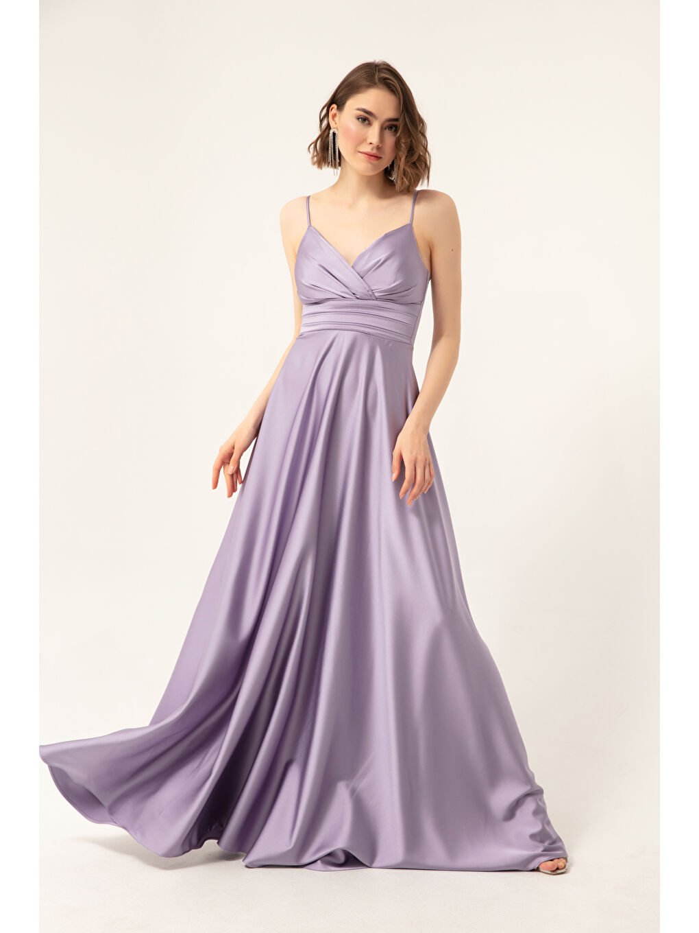 Kadın Lila İp Askılı Bel Kemerli Saten Uzun Abiye & Mezuniyet Elbisesi-2