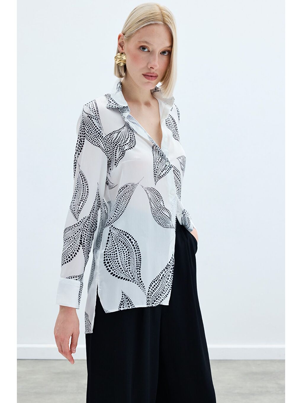 Arkası Uzun Desenli Gömlek - Ekru-2