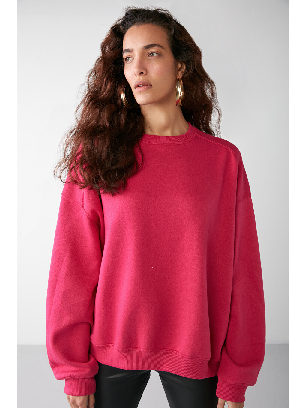 Vaneltına Kadın Organik Pamuklu Yumuşacık İçi Polarlı Yuvarlak Yakalı Pembe Sweatshirt-1