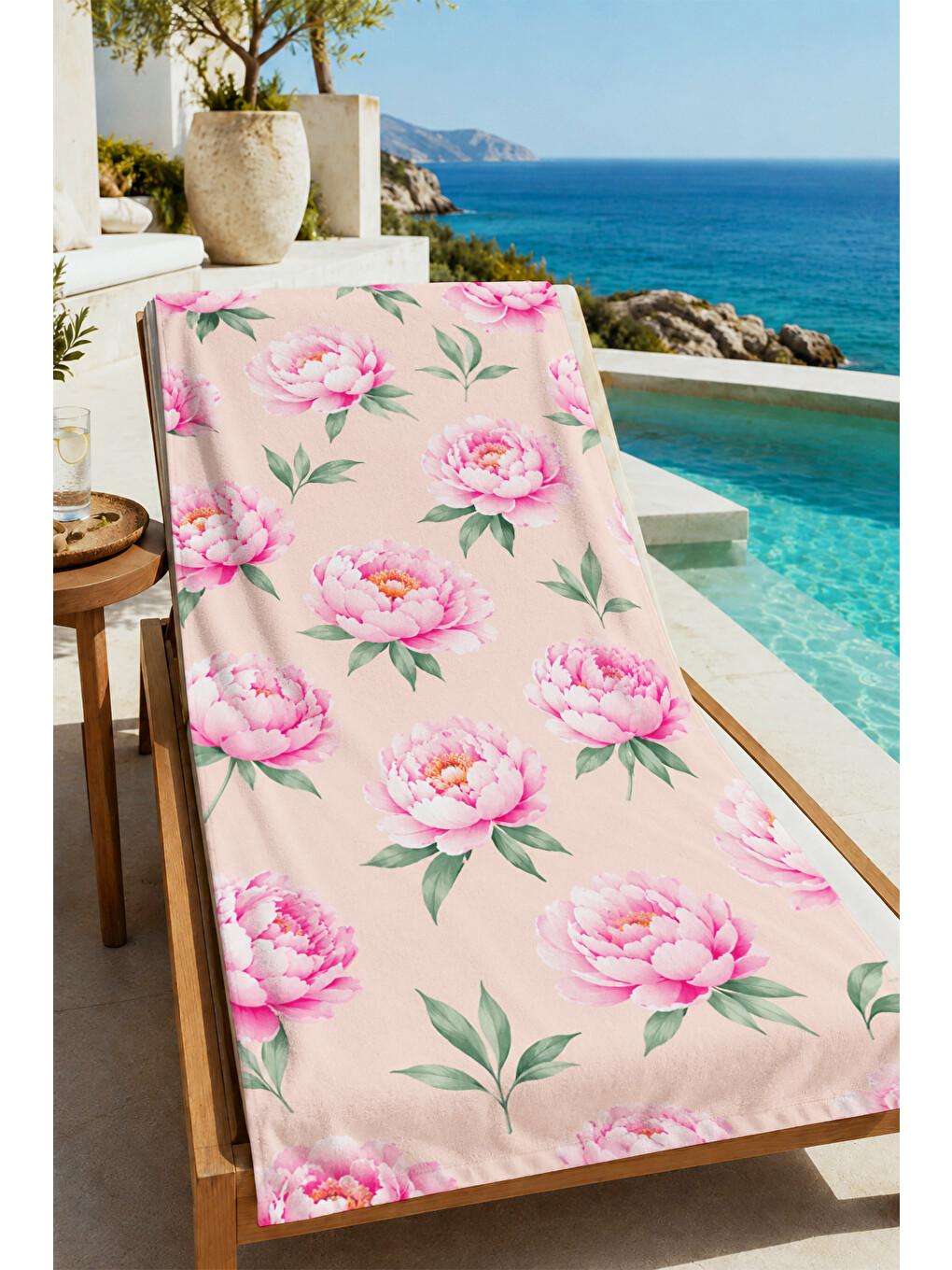 Romantik Pudra Pembe Şakayık Çiçekli Botanik Desenli 70x150 Plaj Havlusu - Pamuklu Banyo Havlusu-4