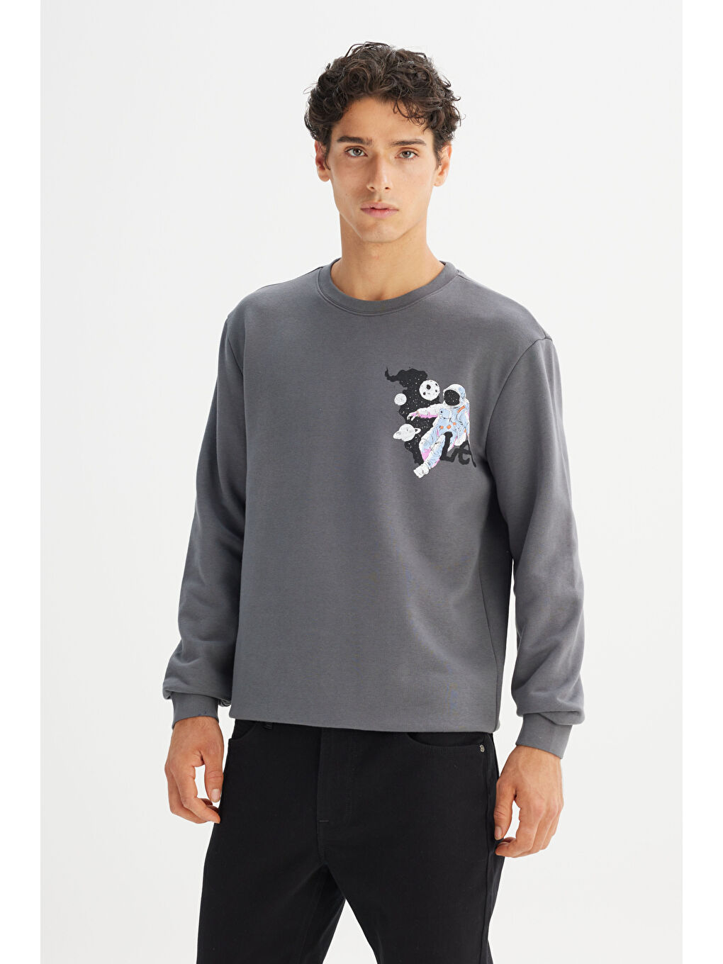 Regular Fit Bisiklet Yaka Baskılı Antrasit Sweatshirt-2