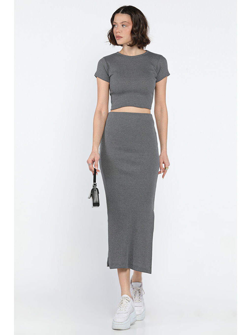 Gri Bisklet Yaka Midi Boy Elastanlı Yırtmaçlı Kaşkorse Kadın İkili Takım-1