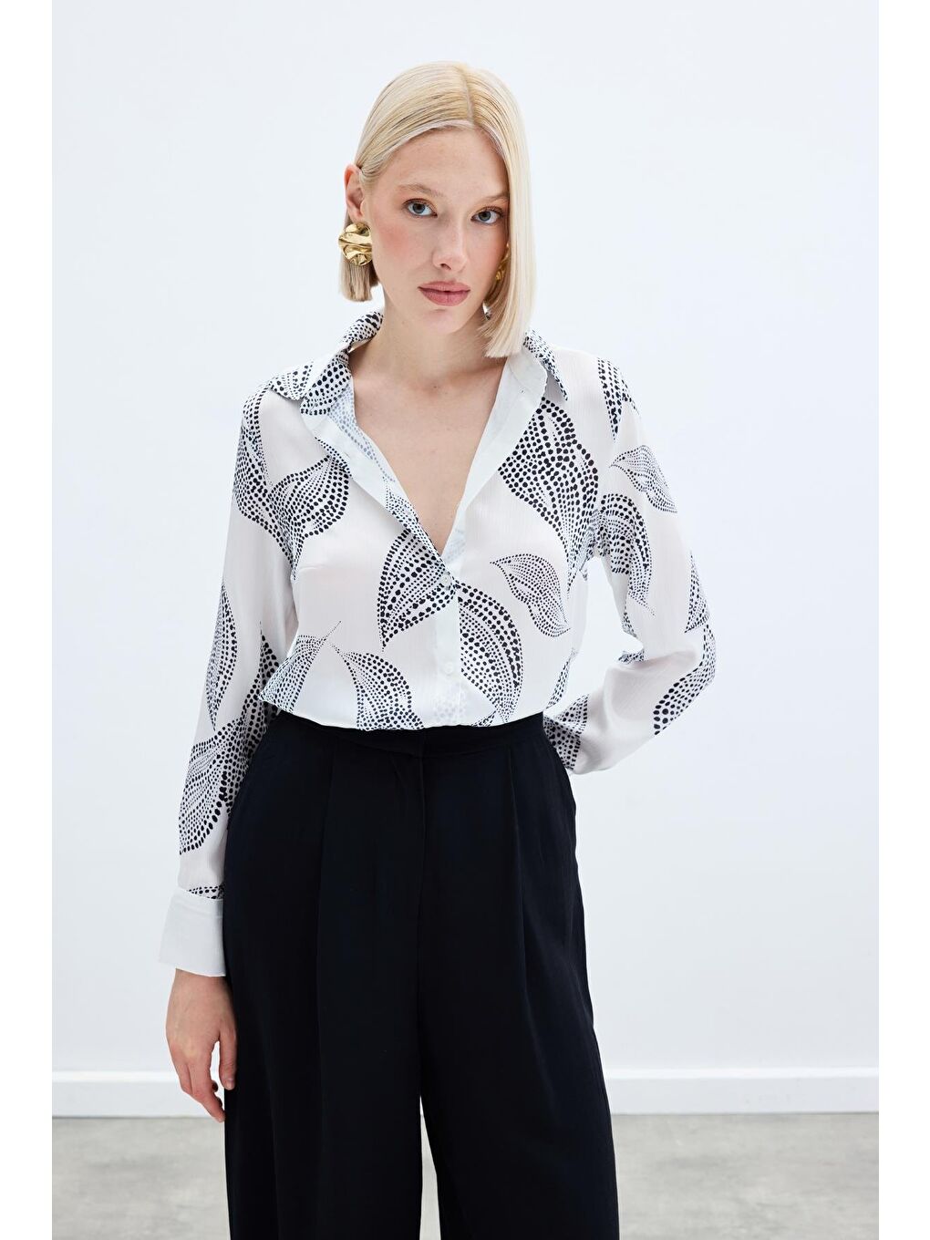 Arkası Uzun Desenli Gömlek - Ekru-3