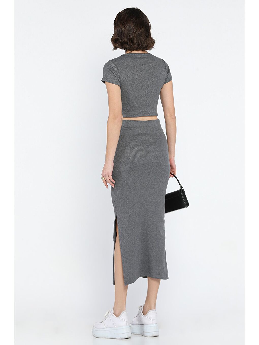 Gri Bisklet Yaka Midi Boy Elastanlı Yırtmaçlı Kaşkorse Kadın İkili Takım-2