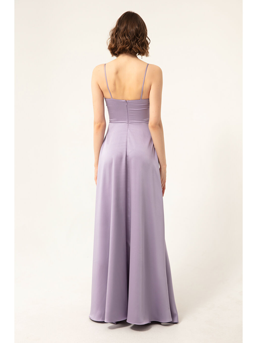 Kadın Lila İp Askılı Bel Kemerli Saten Uzun Abiye & Mezuniyet Elbisesi-4