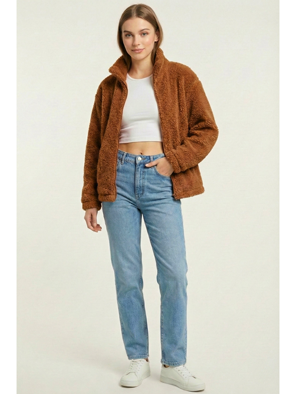 Kahverengi Kadın Pelüş Tam Fermuarlı Cepli Sherpa Kuzu Kumaş Oversize Pelüş Polar Sweatshirt-1