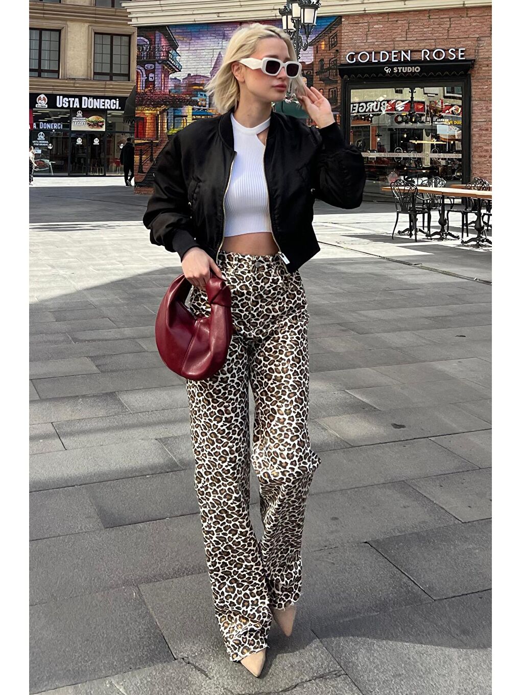 Kahverengi Leopar Palazzo Kadın Jean Pantolon Mg2063-9