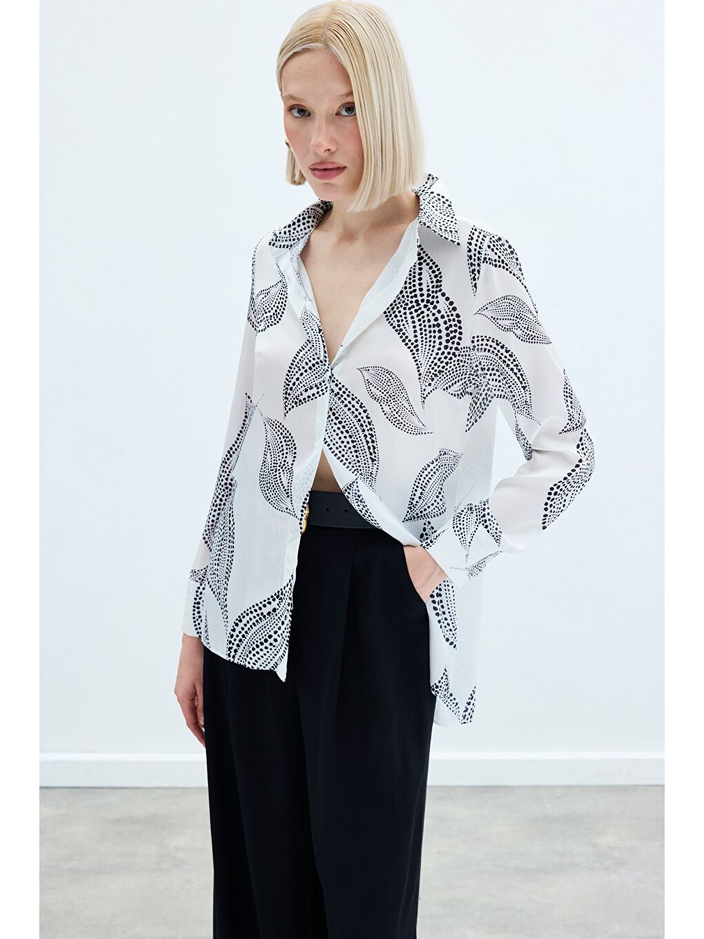 Arkası Uzun Desenli Gömlek - Ekru-5