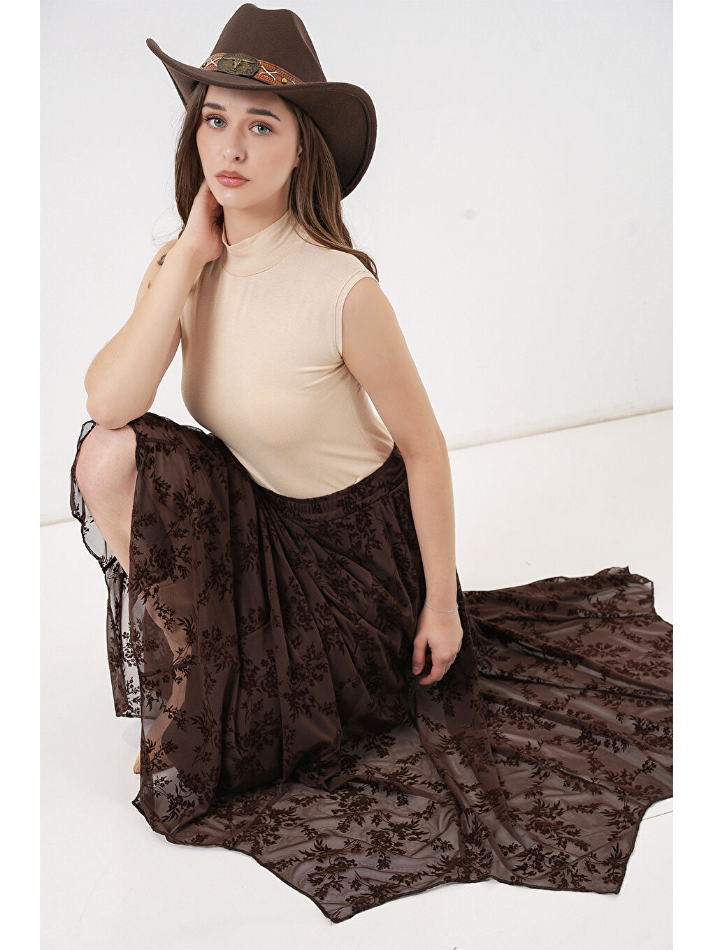 Kadın Desenli Astarlı Etek 8059 - Kahverengi-2