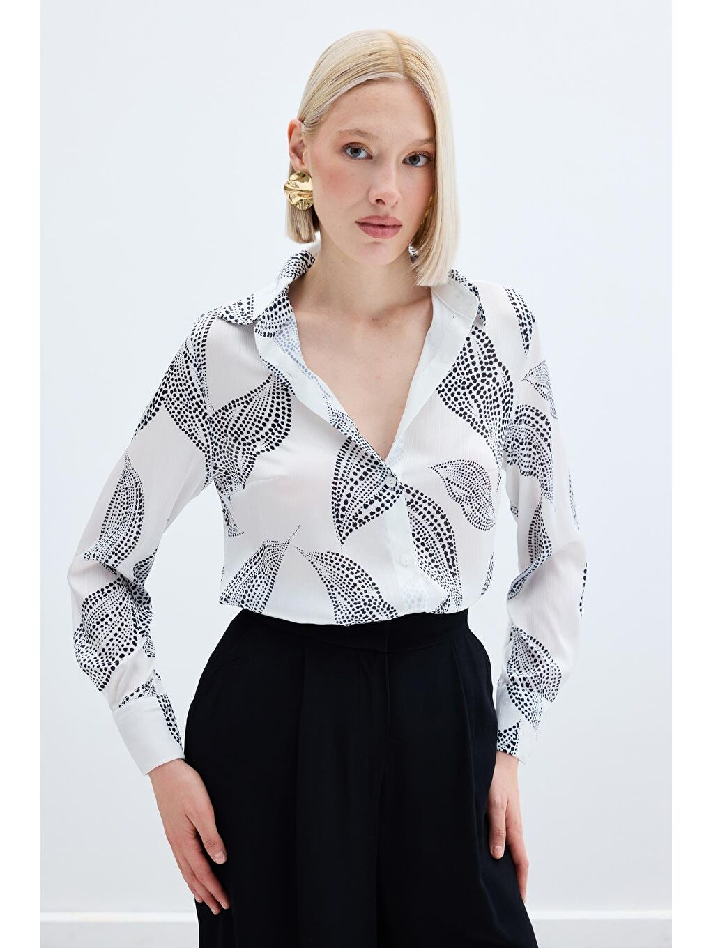 Arkası Uzun Desenli Gömlek - Ekru-6