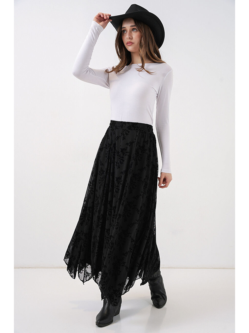 Kadın Desenli Astarlı Etek 8059 - Siyah-3