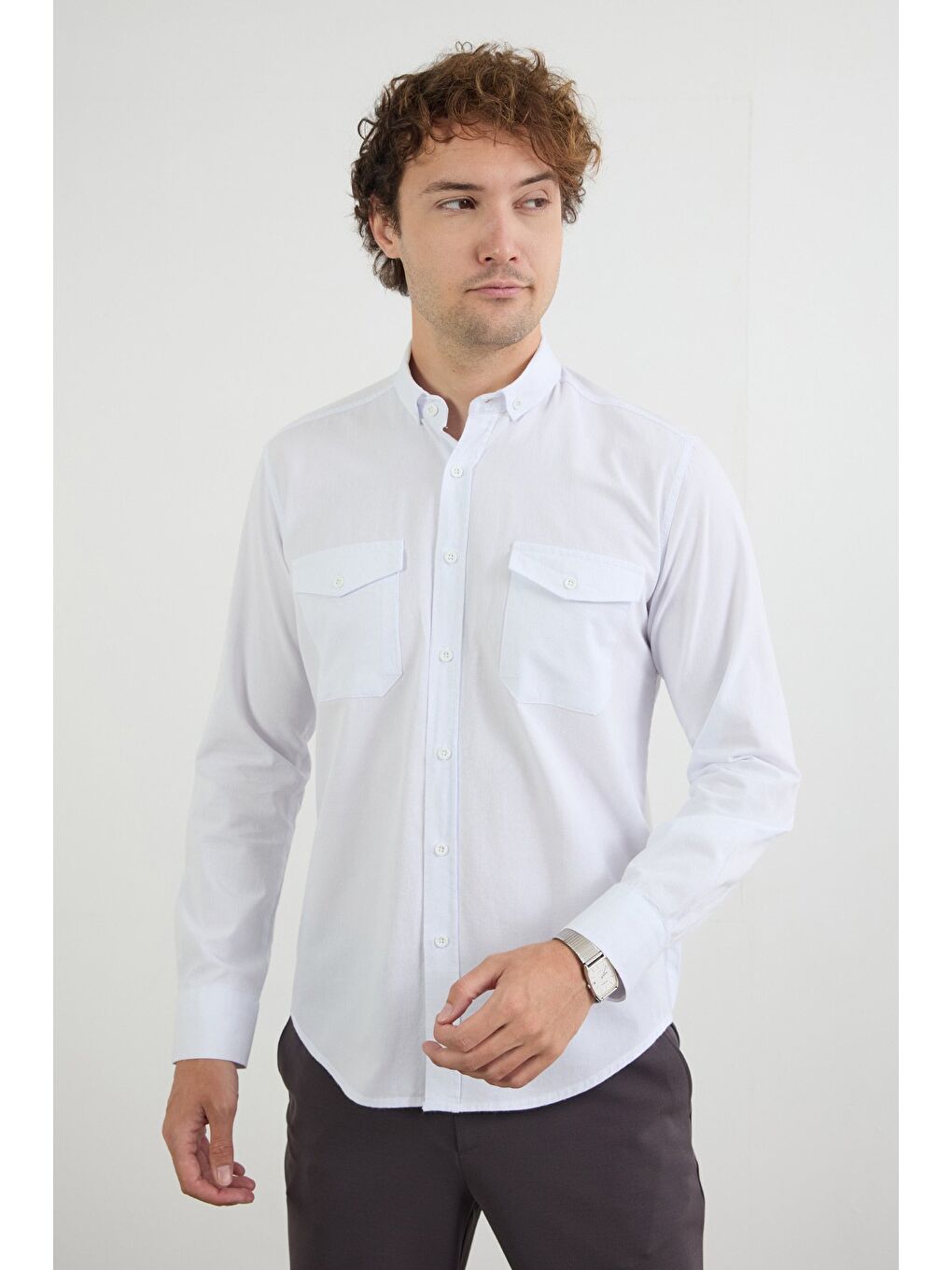 Beyaz Basic Çift Cepli %100 Pamuk Gömlek-1