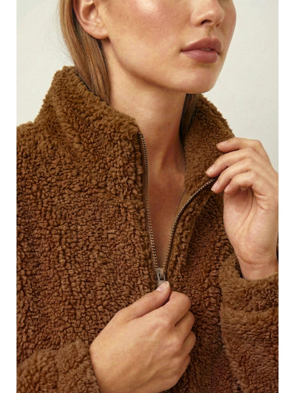 Kahverengi Kadın Pelüş Tam Fermuarlı Cepli Sherpa Kuzu Kumaş Oversize Pelüş Polar Sweatshirt-2