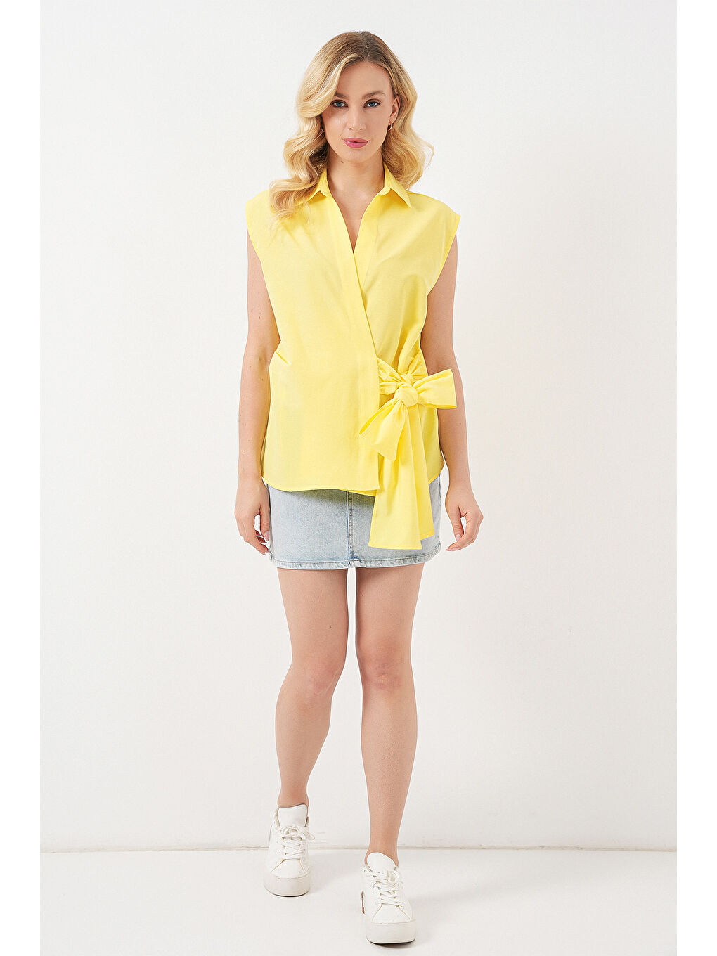 Kadın Sıfır Kol Anvelop Gömlek 20343 - Sarı-1