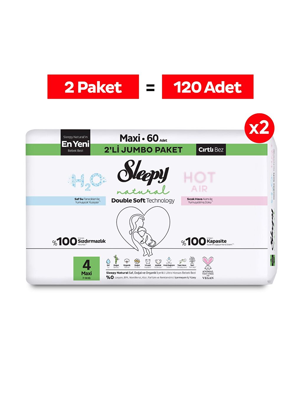 Natural Double Soft Avantajlı Mega Paket Bebek Bezi 4 Numara Maxi 120 Adet-1