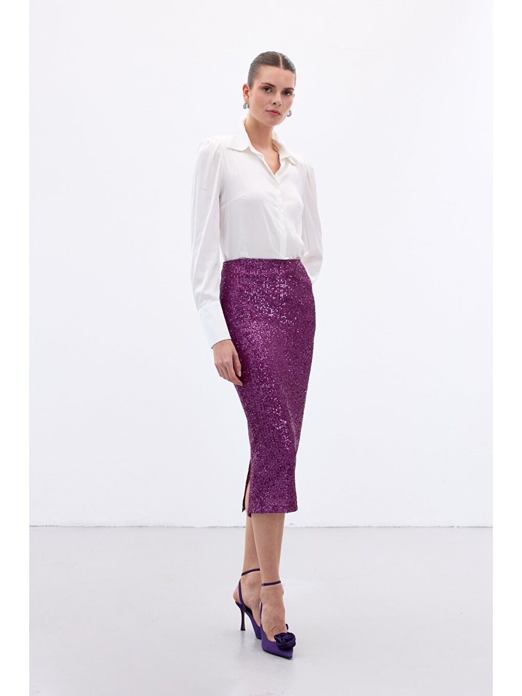 Payet Detaylı Kalem Etek - Mürdüm-3