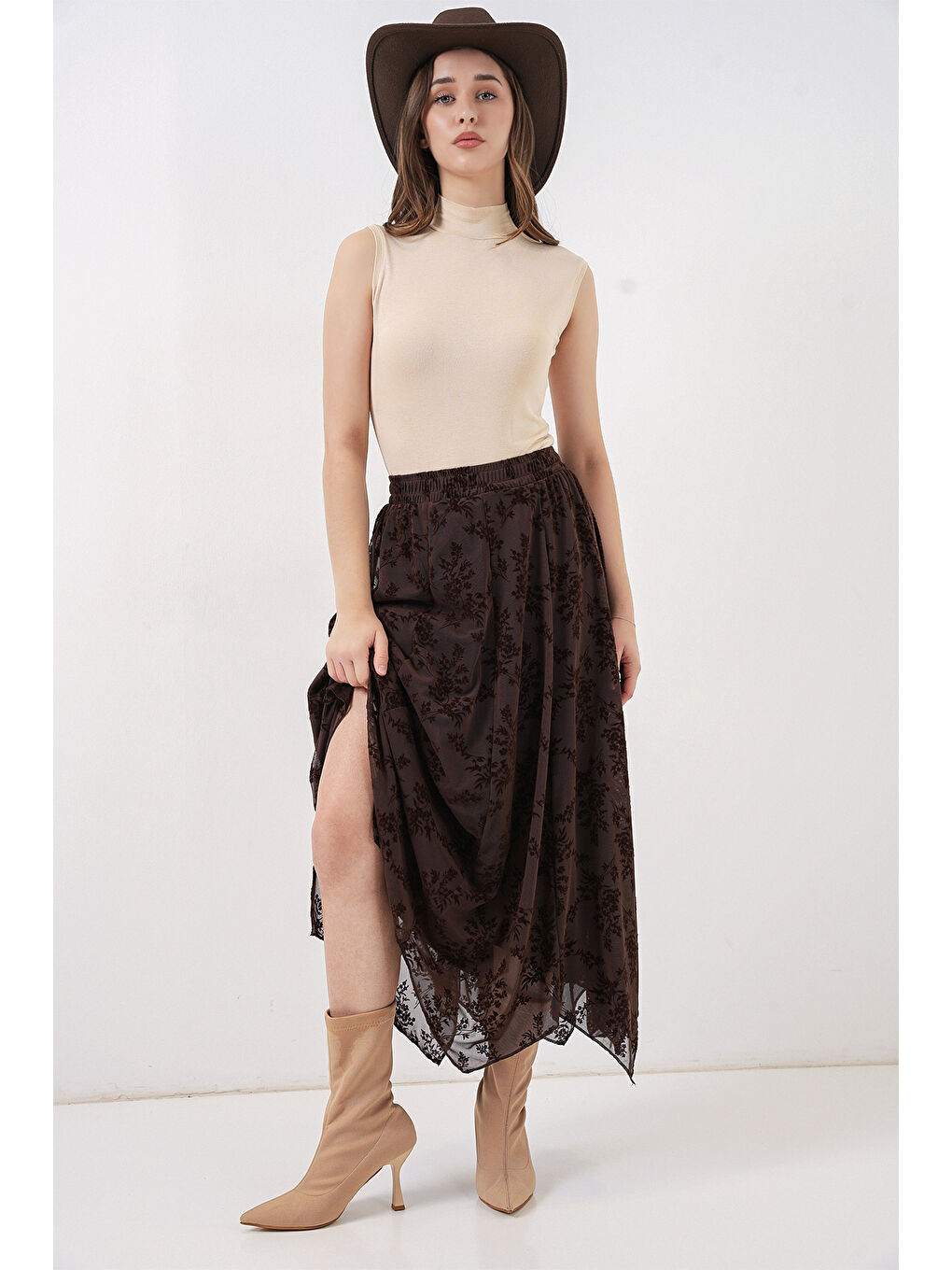 Kadın Desenli Astarlı Etek 8059 - Kahverengi-3