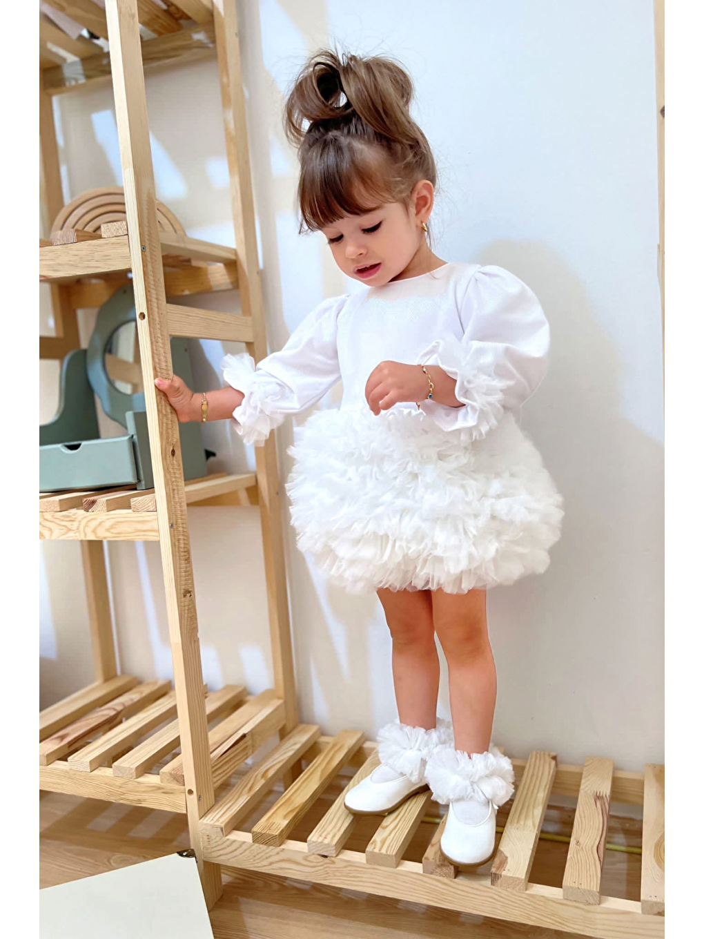 Beyaz Tütülü Kabarık Uzun Kollu Kız Çocuk Kız Bebek Elbise-1