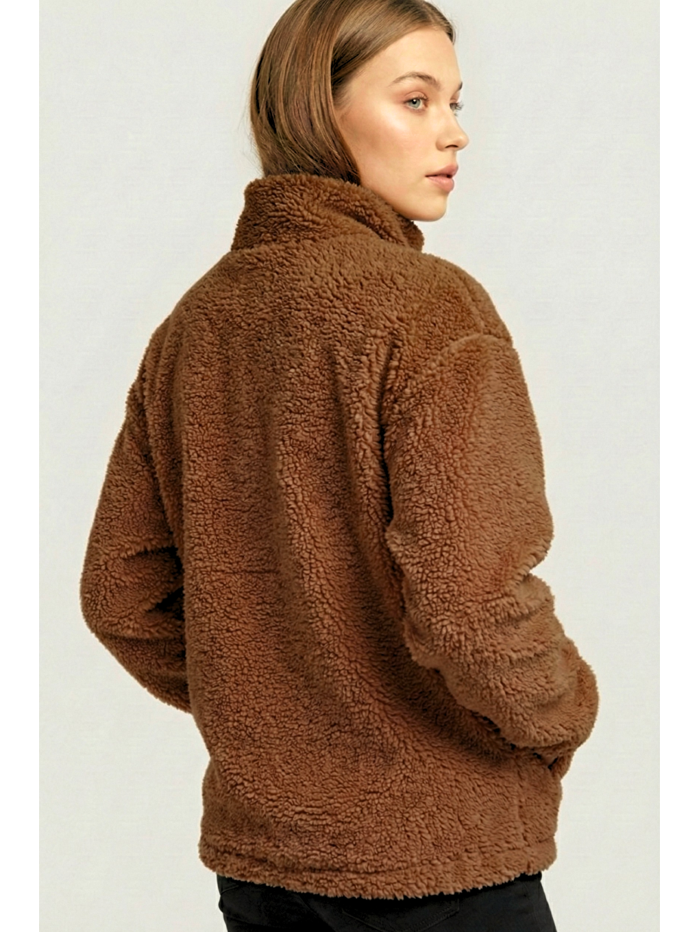 Kahverengi Kadın Pelüş Tam Fermuarlı Cepli Sherpa Kuzu Kumaş Oversize Pelüş Polar Sweatshirt-3