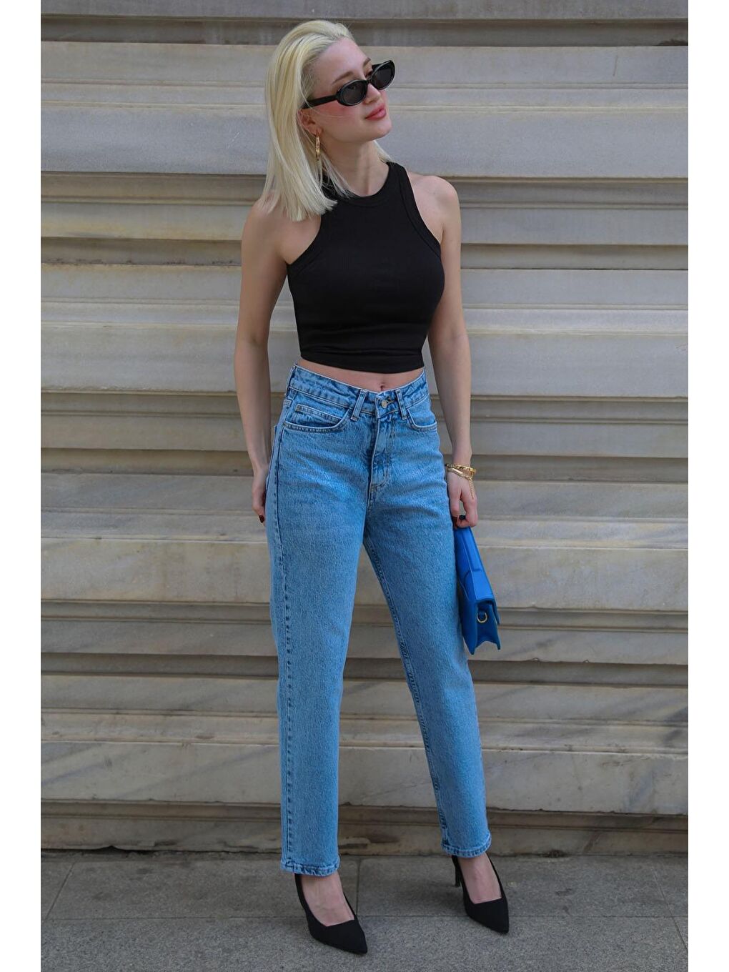 Mavi Yüksek Bel Kadın Mom Fit Pantolon Mg2389-1