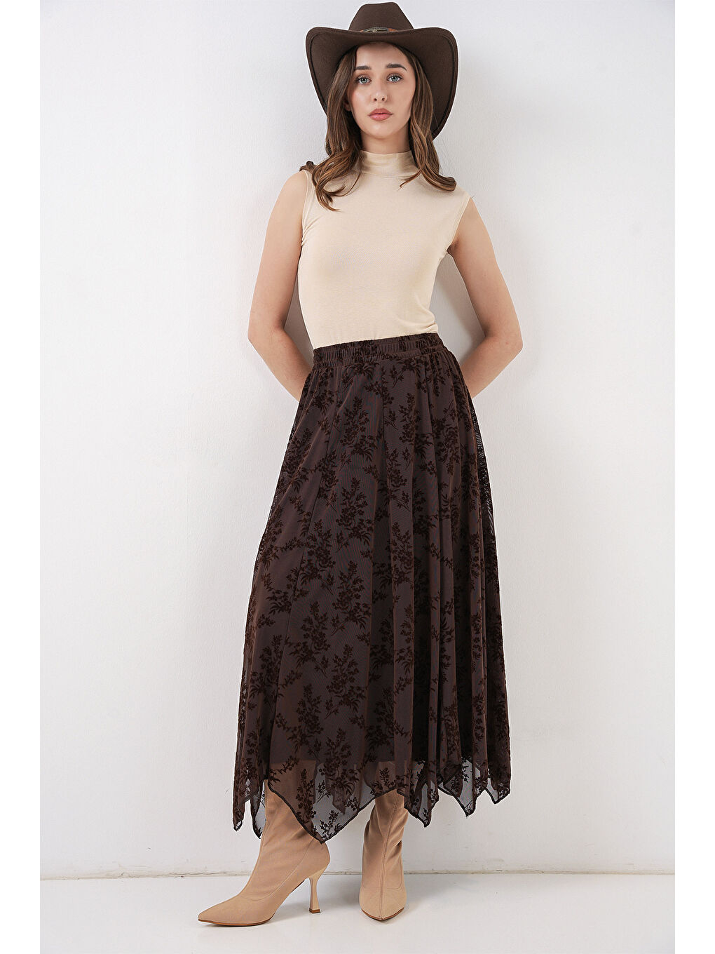 Kadın Desenli Astarlı Etek 8059 - Kahverengi-4