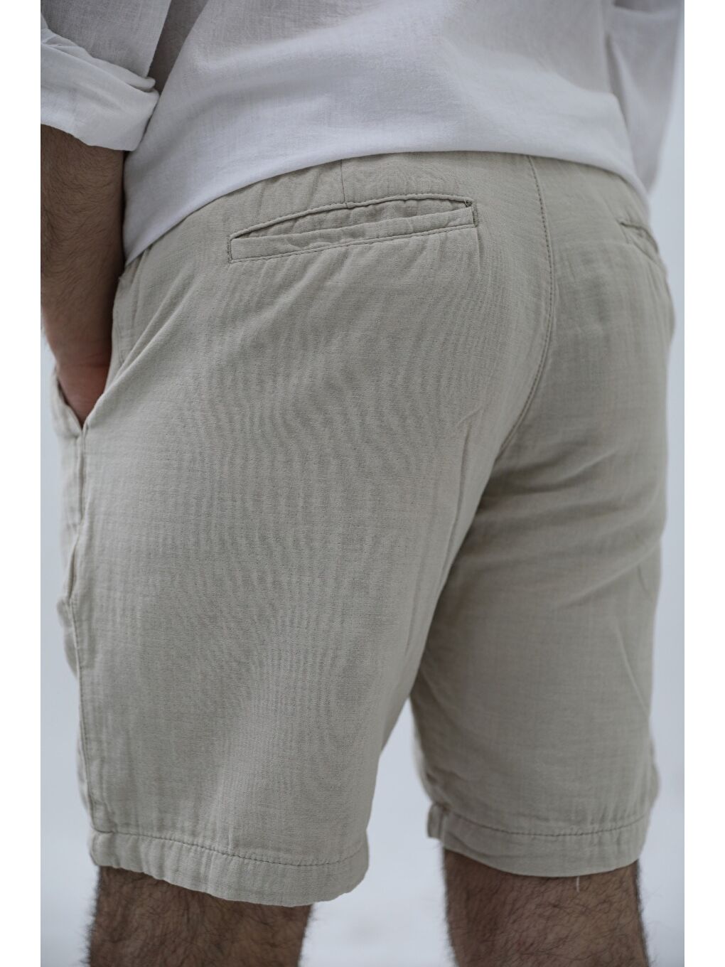 Bej Erkek Musli Bağcıklı Keten Şort-1