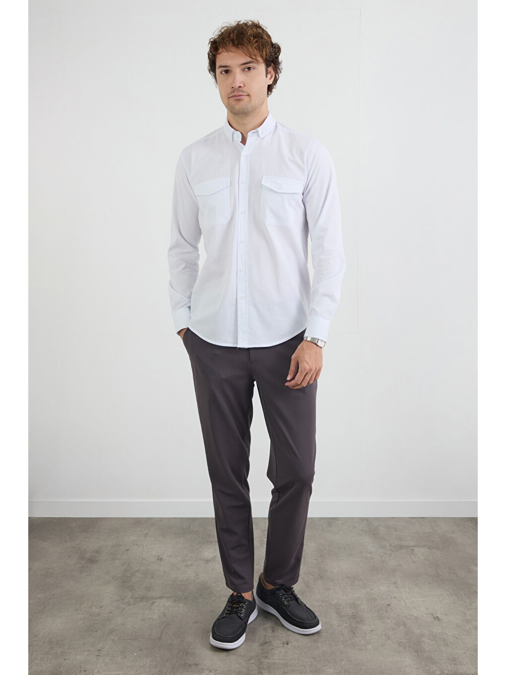 Beyaz Basic Çift Cepli %100 Pamuk Gömlek-3