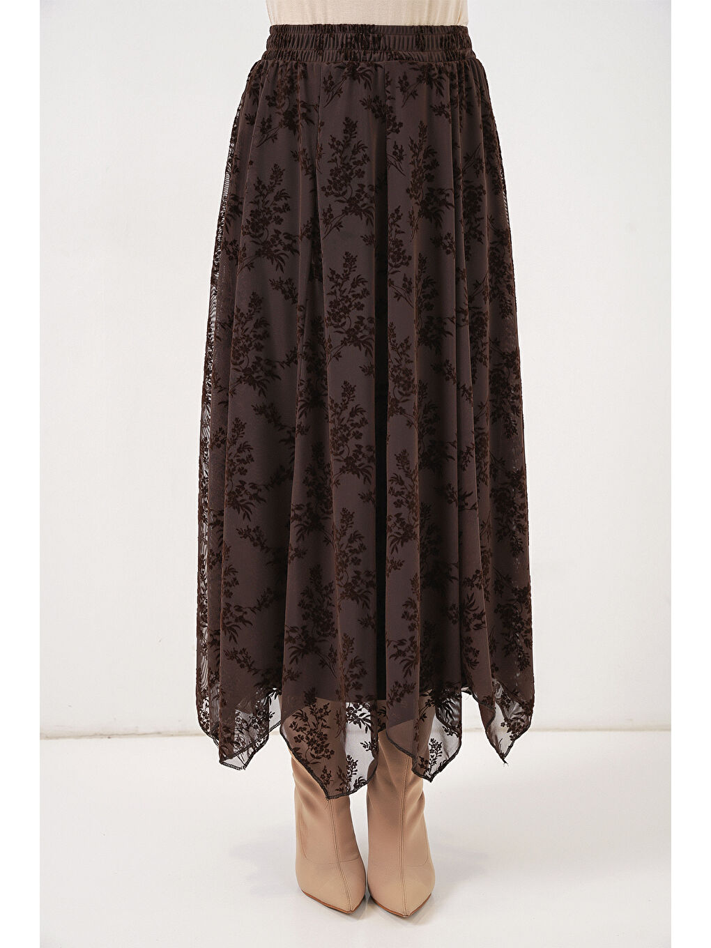 Kadın Desenli Astarlı Etek 8059 - Kahverengi-5