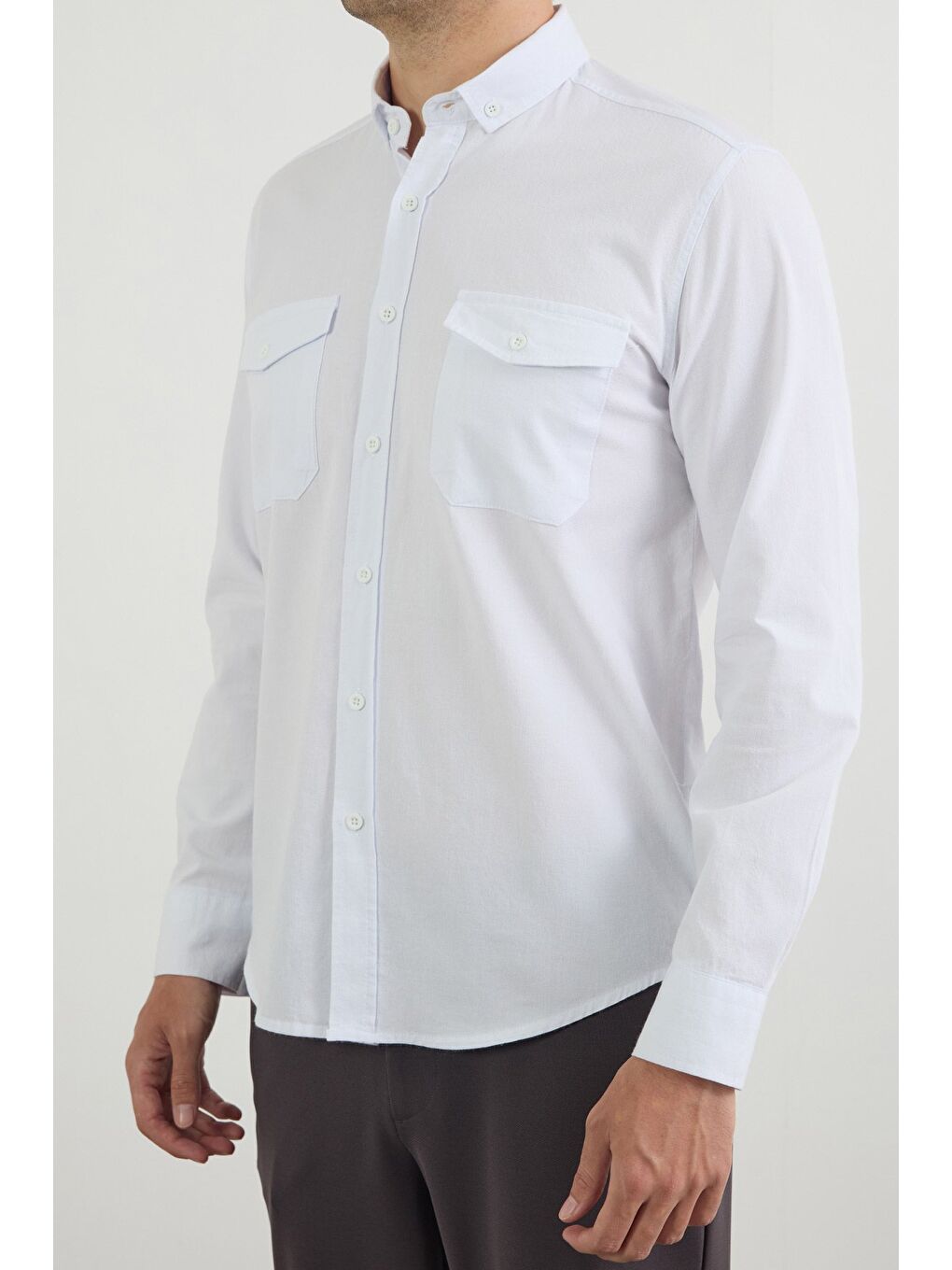 Beyaz Basic Çift Cepli %100 Pamuk Gömlek-4