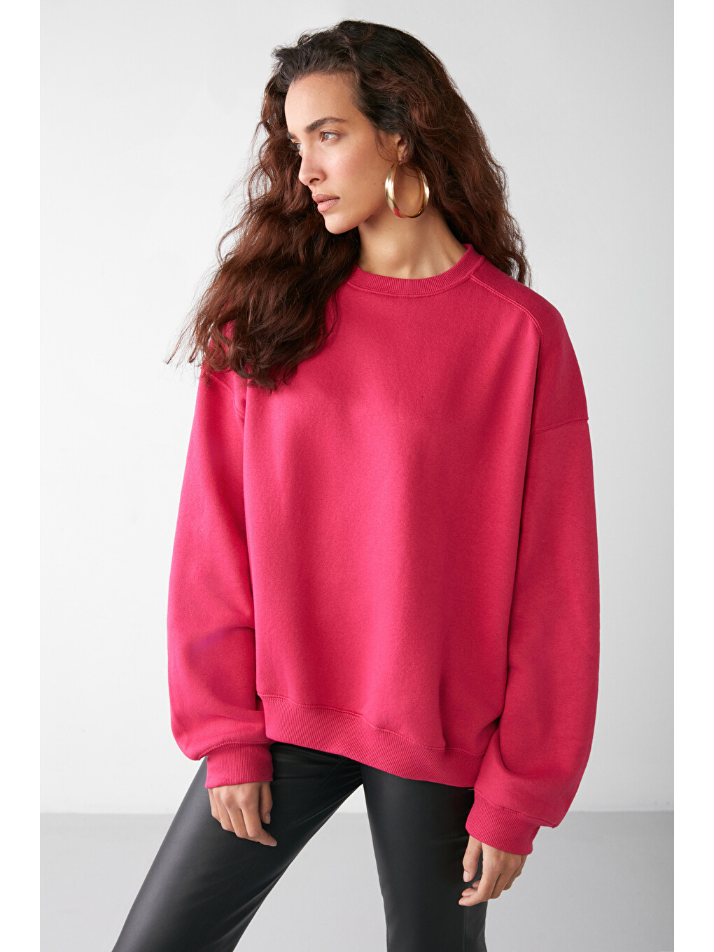 Vaneltına Kadın Organik Pamuklu Yumuşacık İçi Polarlı Yuvarlak Yakalı Pembe Sweatshirt-3