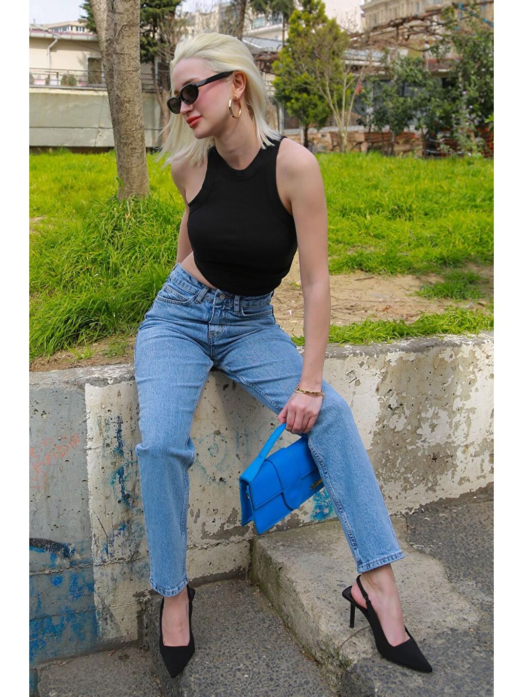 Mavi Yüksek Bel Kadın Mom Fit Pantolon Mg2389-3