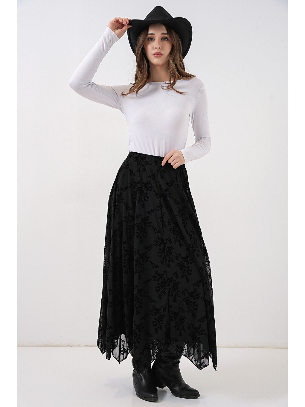 Kadın Desenli Astarlı Etek 8059 - Siyah-5