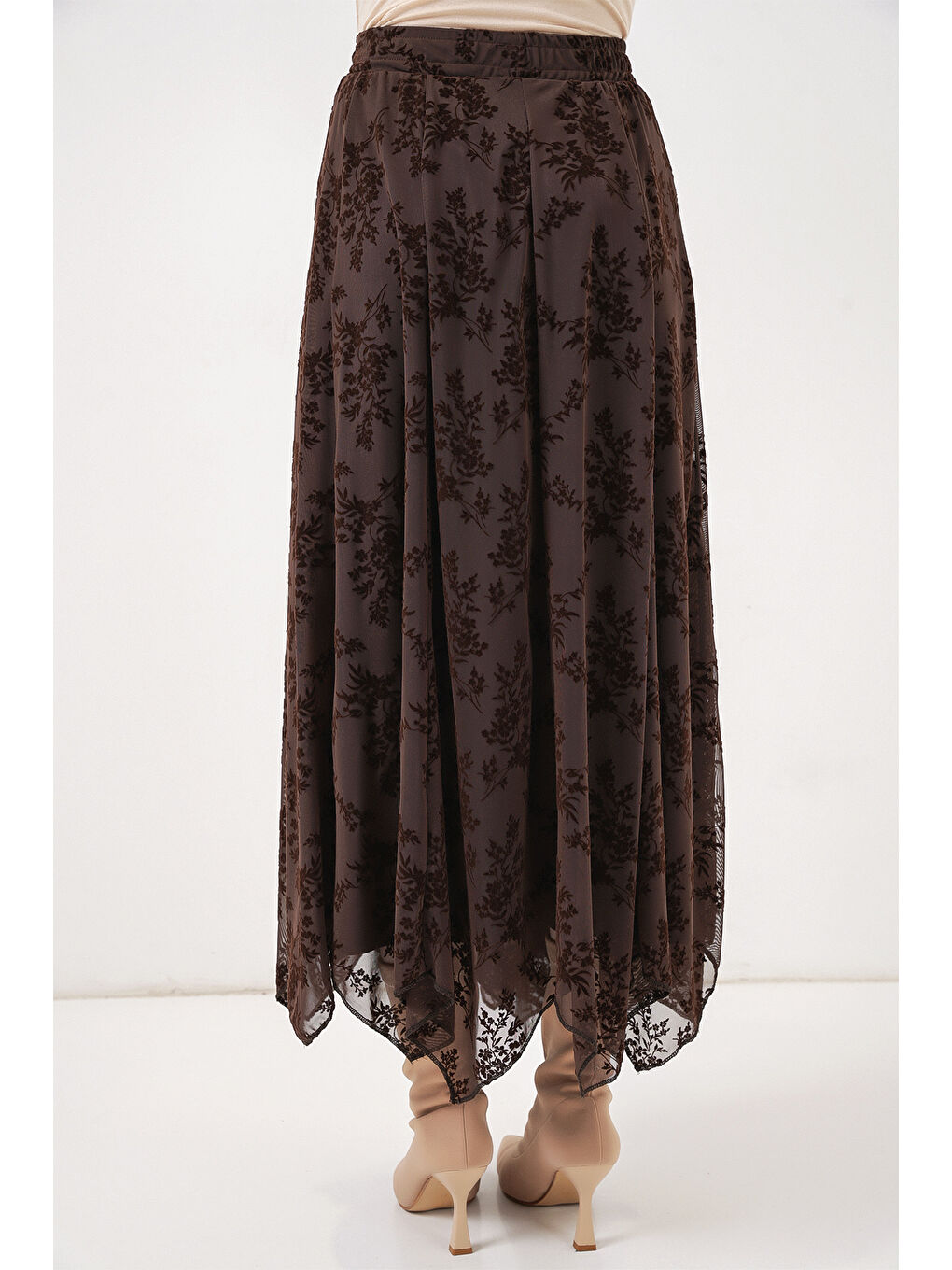 Kadın Desenli Astarlı Etek 8059 - Kahverengi-7