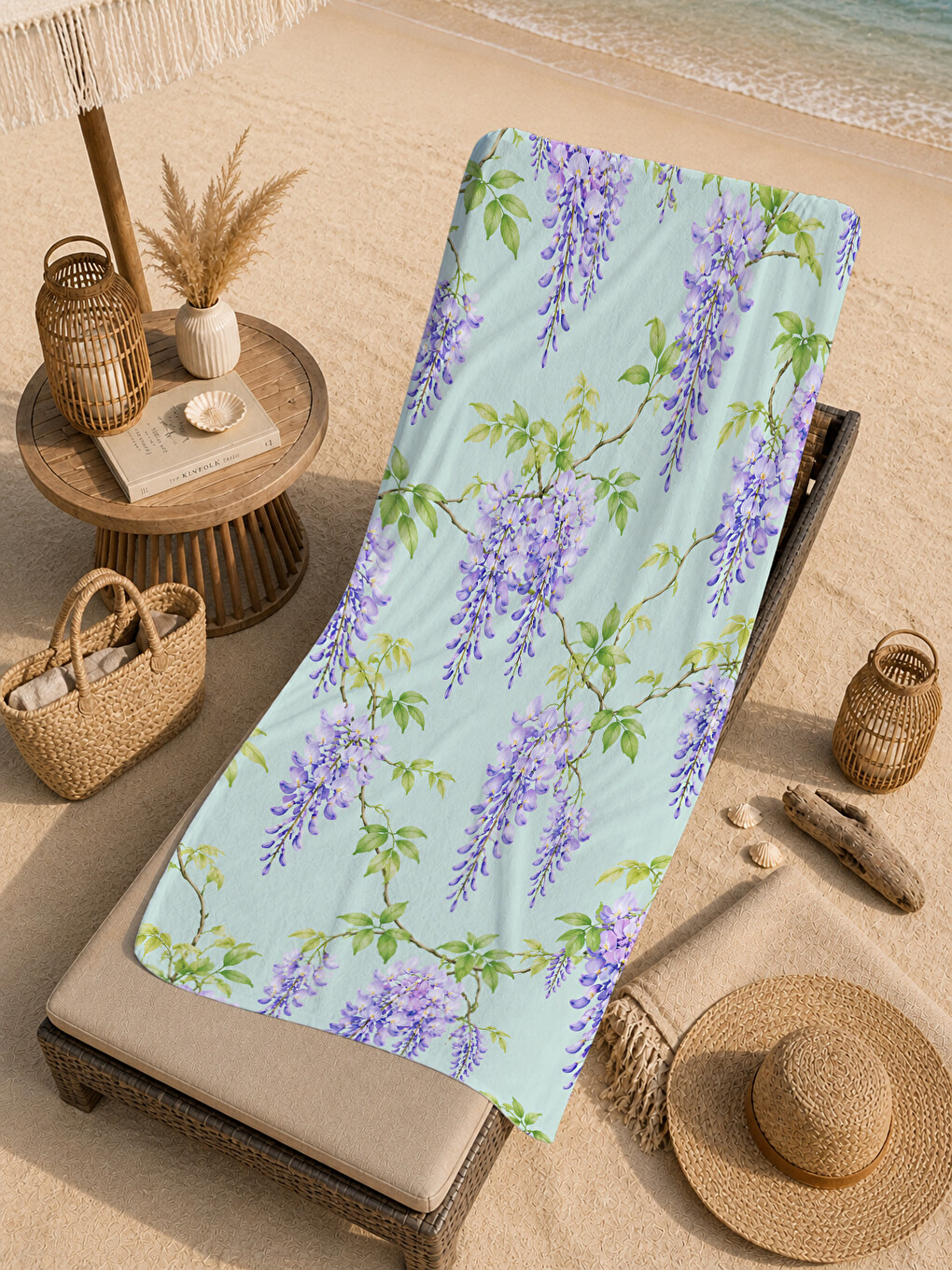 Pastel Mor Salkım Çiçeği Botanik Desenli 70x150 Plaj Havlusu - Dijital Baskılı Banyo Havlusu-3