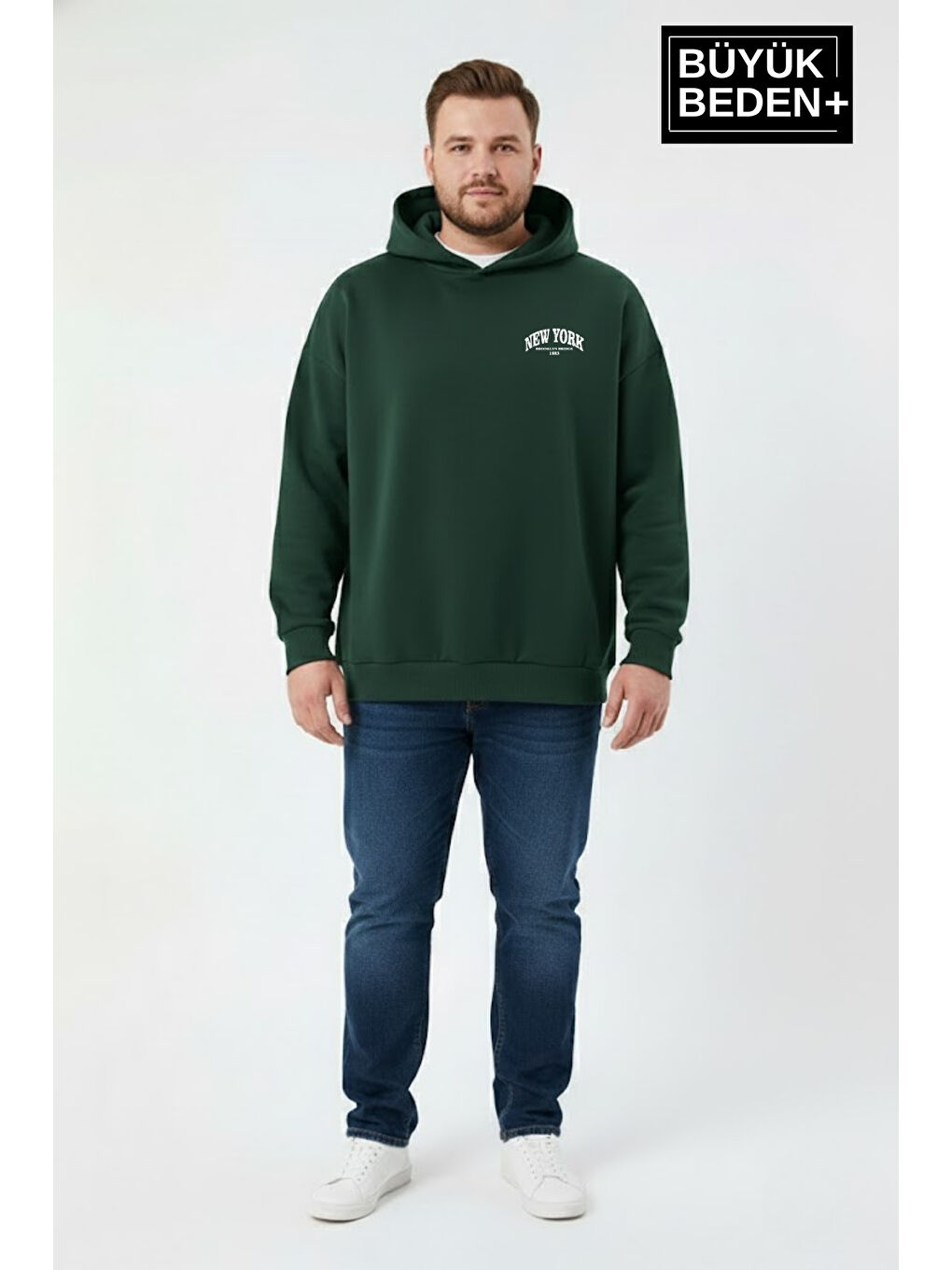 Yeşil Erkek Büyük Beden New York Baskılı Kapüşonlu Sweatshirt SPR26BSW962