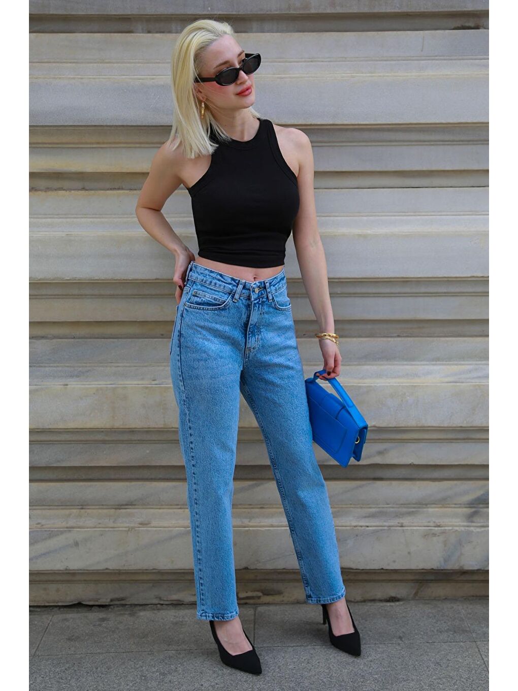 Mavi Yüksek Bel Kadın Mom Fit Pantolon Mg2389-4