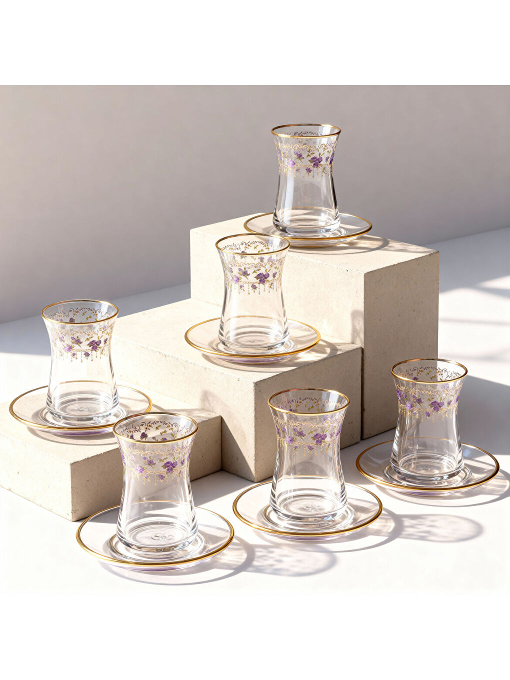 Ekru Güral Cam 12 Parça 6 Kişilik Çay Takımı Mor Çiçek-1
