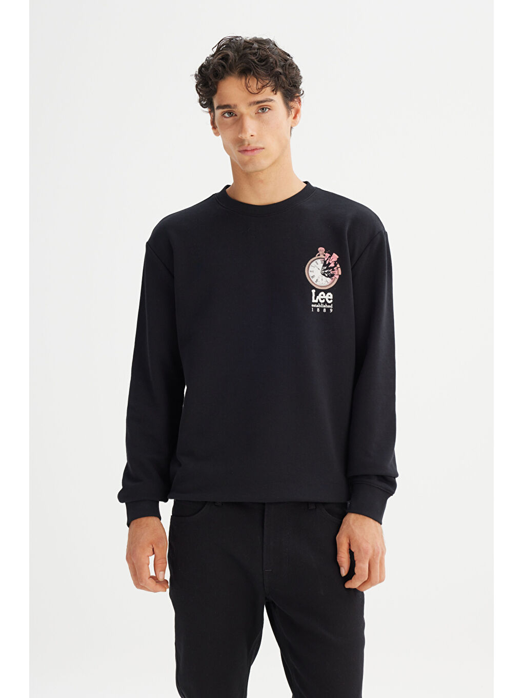 Regular Fit Normal Kesim Bisiklet Yaka Baskılı Siyah Sweatshirt