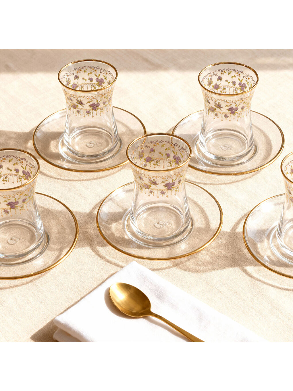 Ekru Güral Cam 12 Parça 6 Kişilik Çay Takımı Mor Çiçek-2