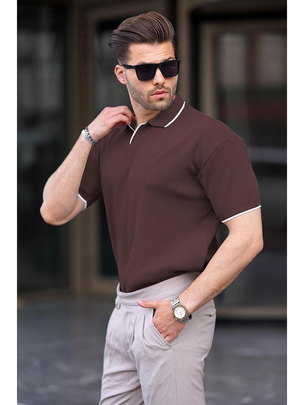Kahverengi Polo Yaka Kısa Kollu Triko Erkek Tişört 6900-1