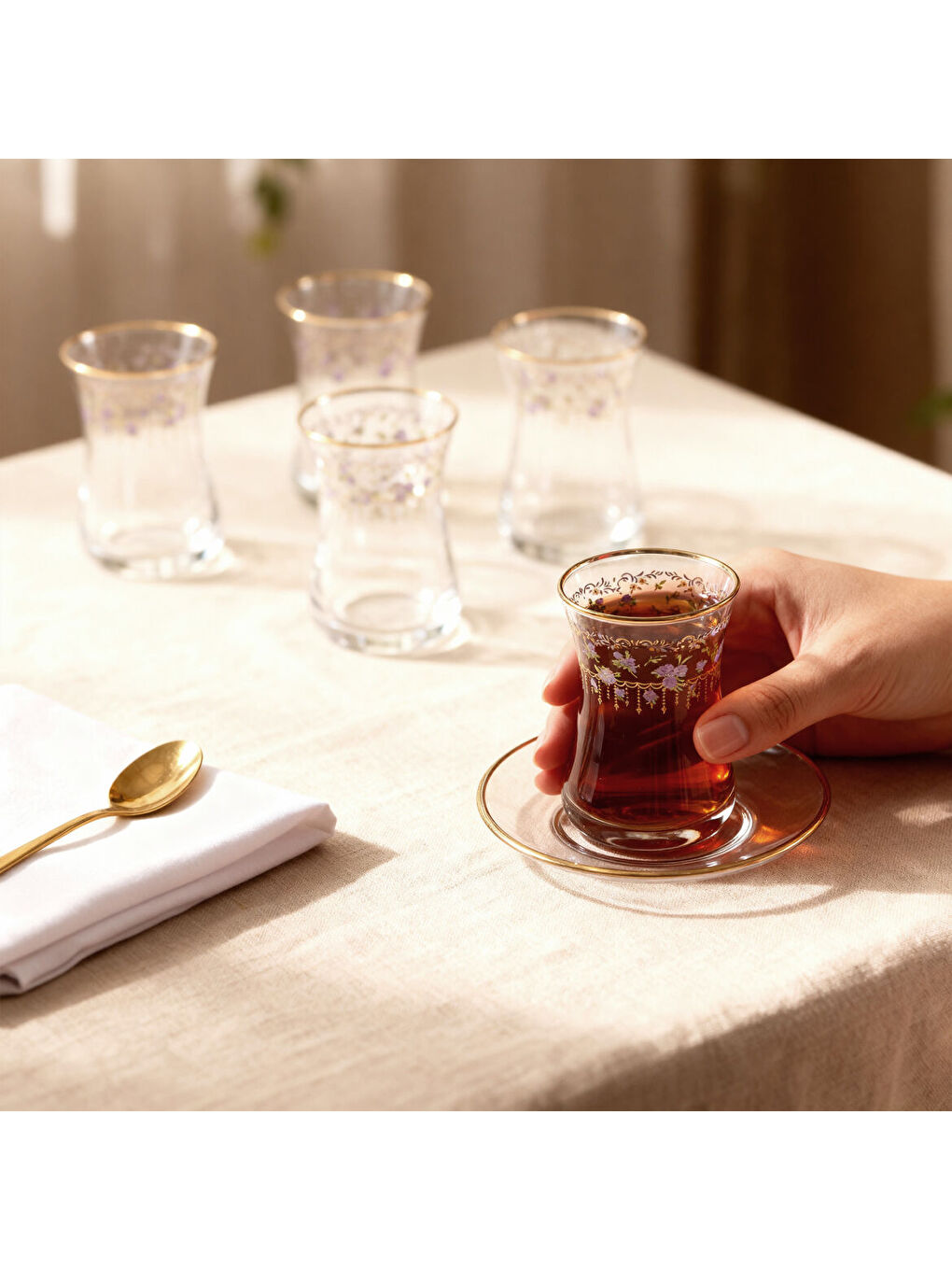 Ekru Güral Cam 12 Parça 6 Kişilik Çay Takımı Mor Çiçek-3