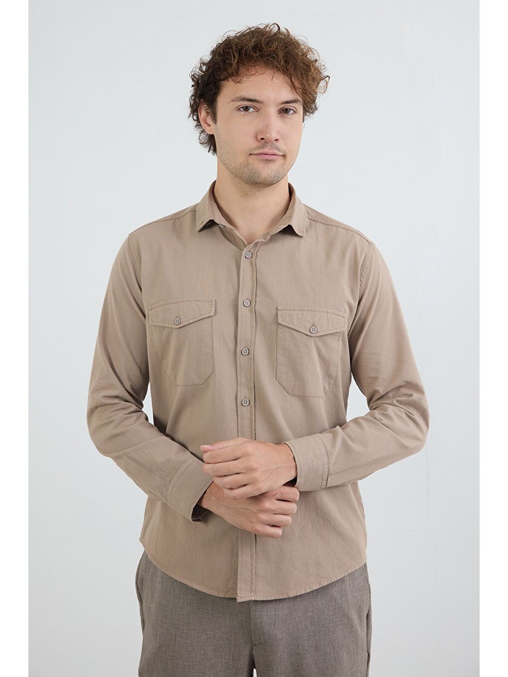Bej Basic Çift Cepli %100 Pamuk Gömlek-1