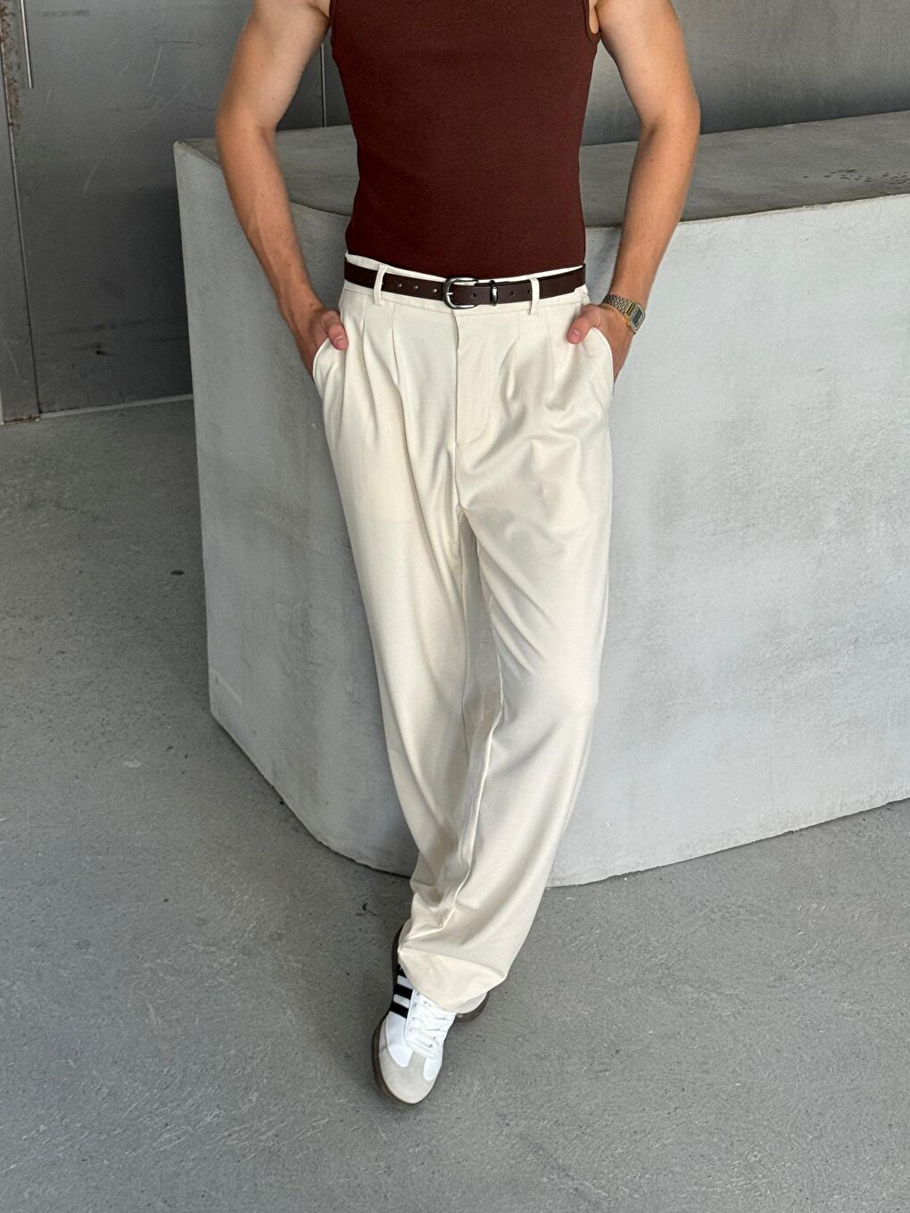 Ekru Erkek Pileli Baggy Kalıp Kumaş Pantolon-1