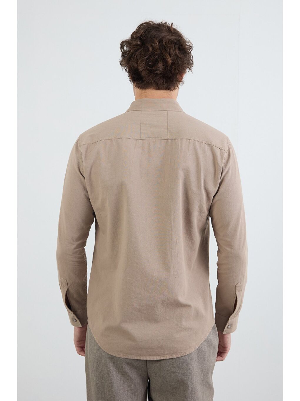 Bej Basic Çift Cepli %100 Pamuk Gömlek-2