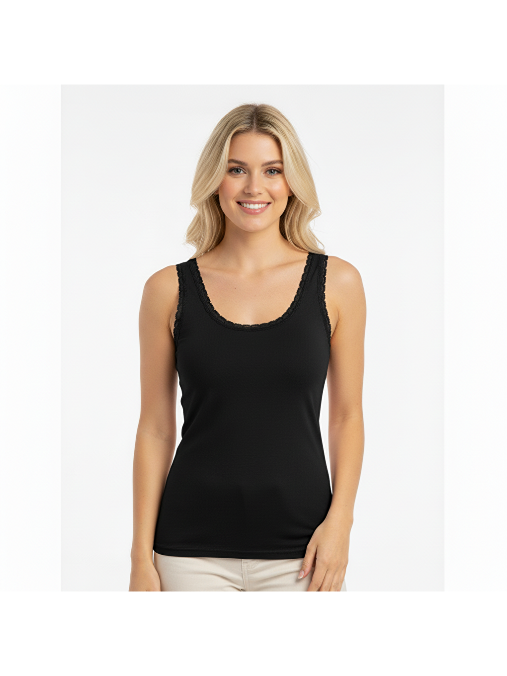 Siyah Kadın Pamuklu Süs Dantelli Kalın Askılı Atlet Bb2092