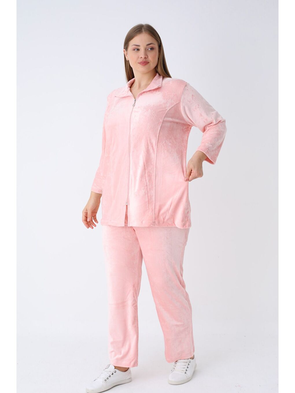 Pembe kadın büyük beden polar uzun kollu cepli fermuarlı soft eşofman takımı