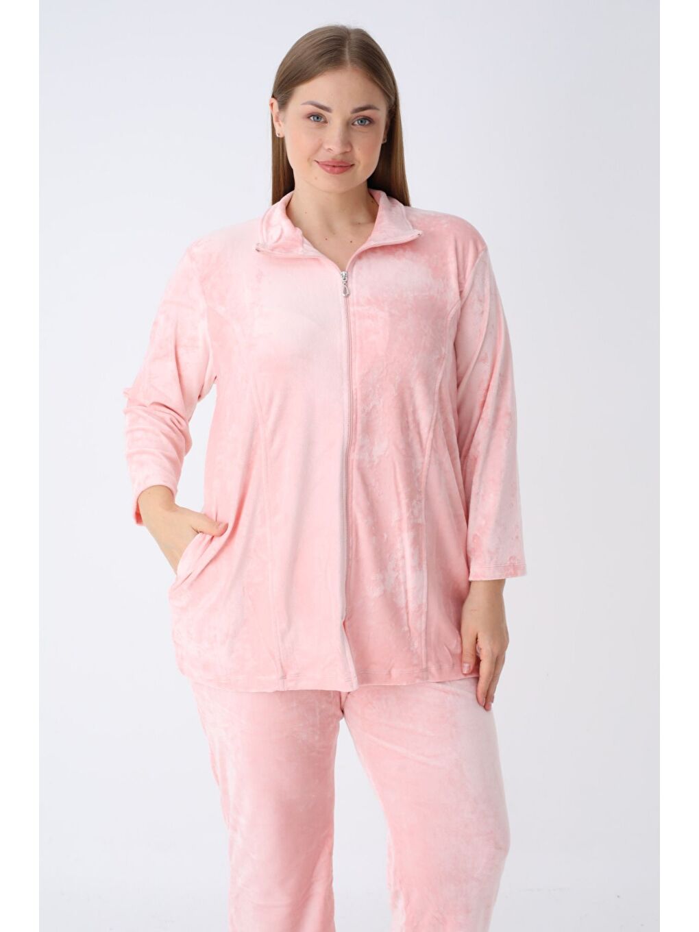 Pembe kadın büyük beden polar uzun kollu cepli fermuarlı soft eşofman takımı-1