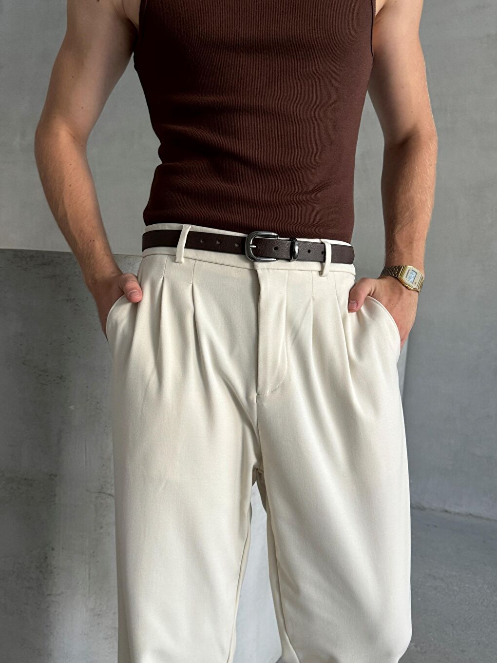 Ekru Erkek Pileli Baggy Kalıp Kumaş Pantolon-3