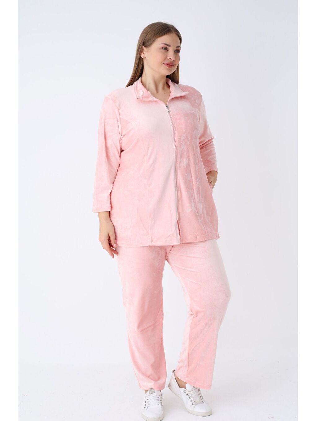 Pembe kadın büyük beden polar uzun kollu cepli fermuarlı soft eşofman takımı-2