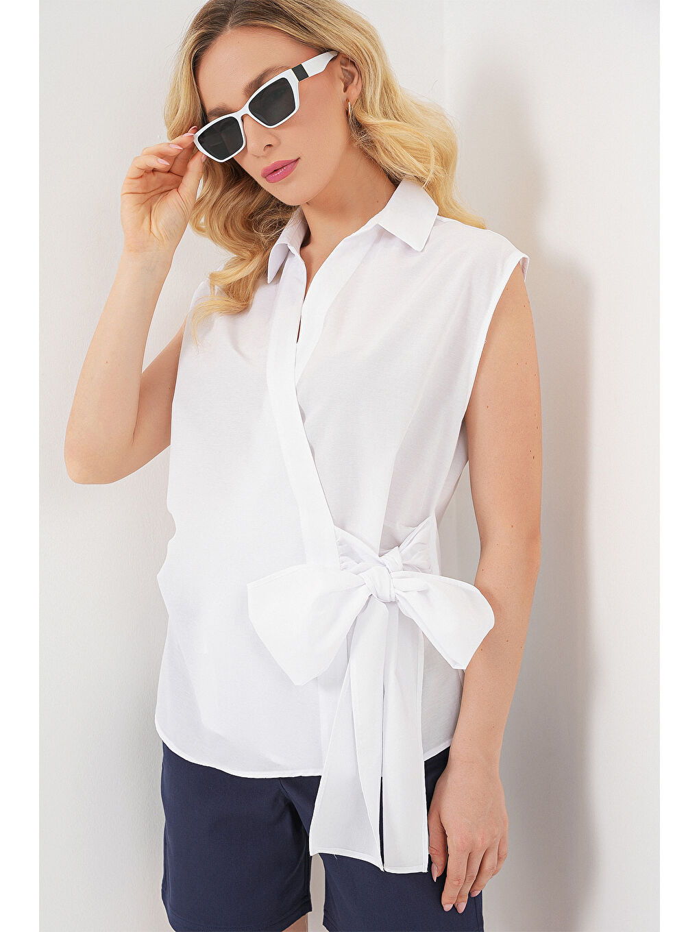 Kadın Sıfır Kol Anvelop Gömlek 20343 - Beyaz-4